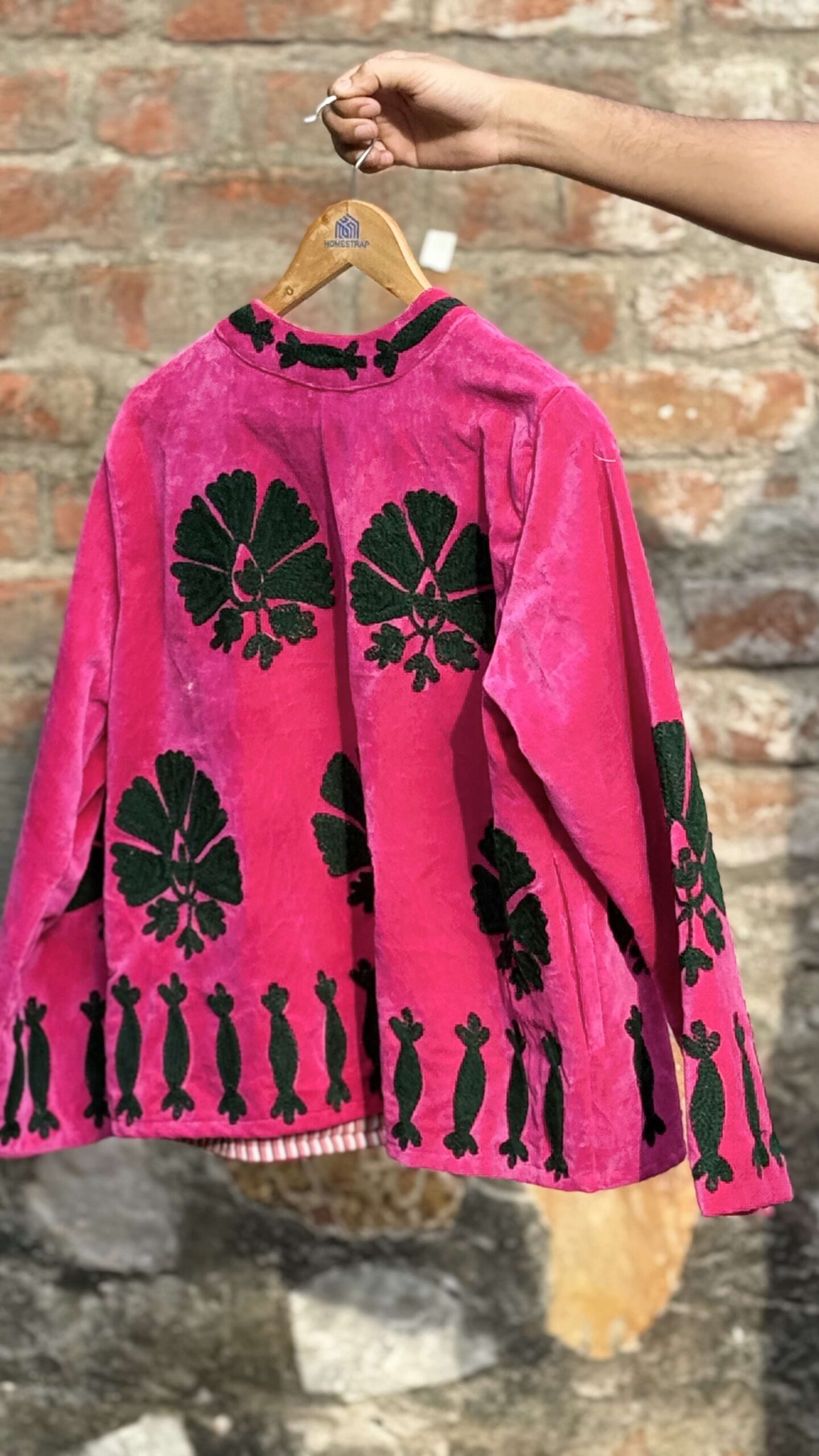 Womens Pink Velvet Embroidered Jacket with Floral Design - Image 2
