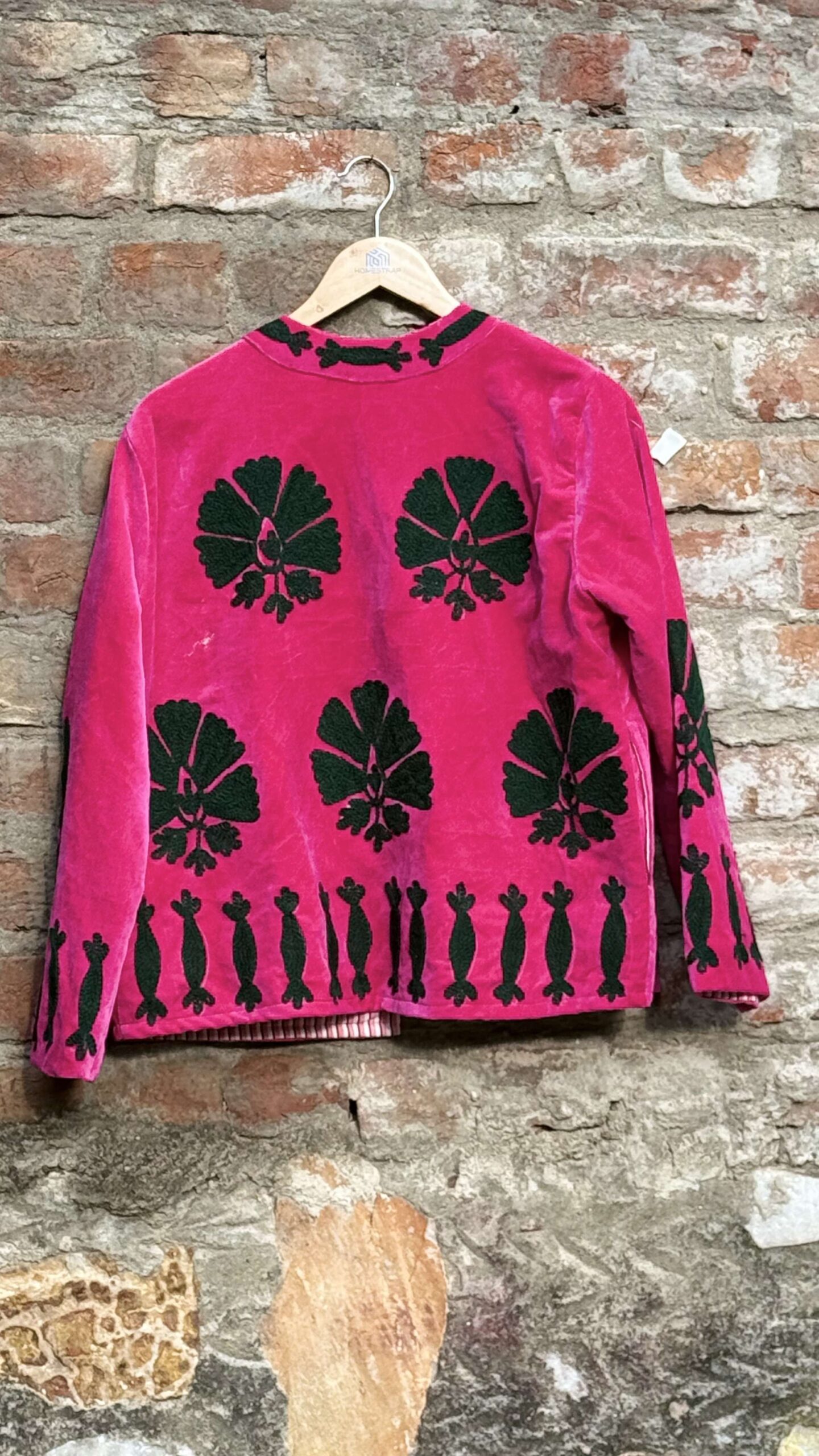 Womens Pink Velvet Embroidered Jacket with Floral Design